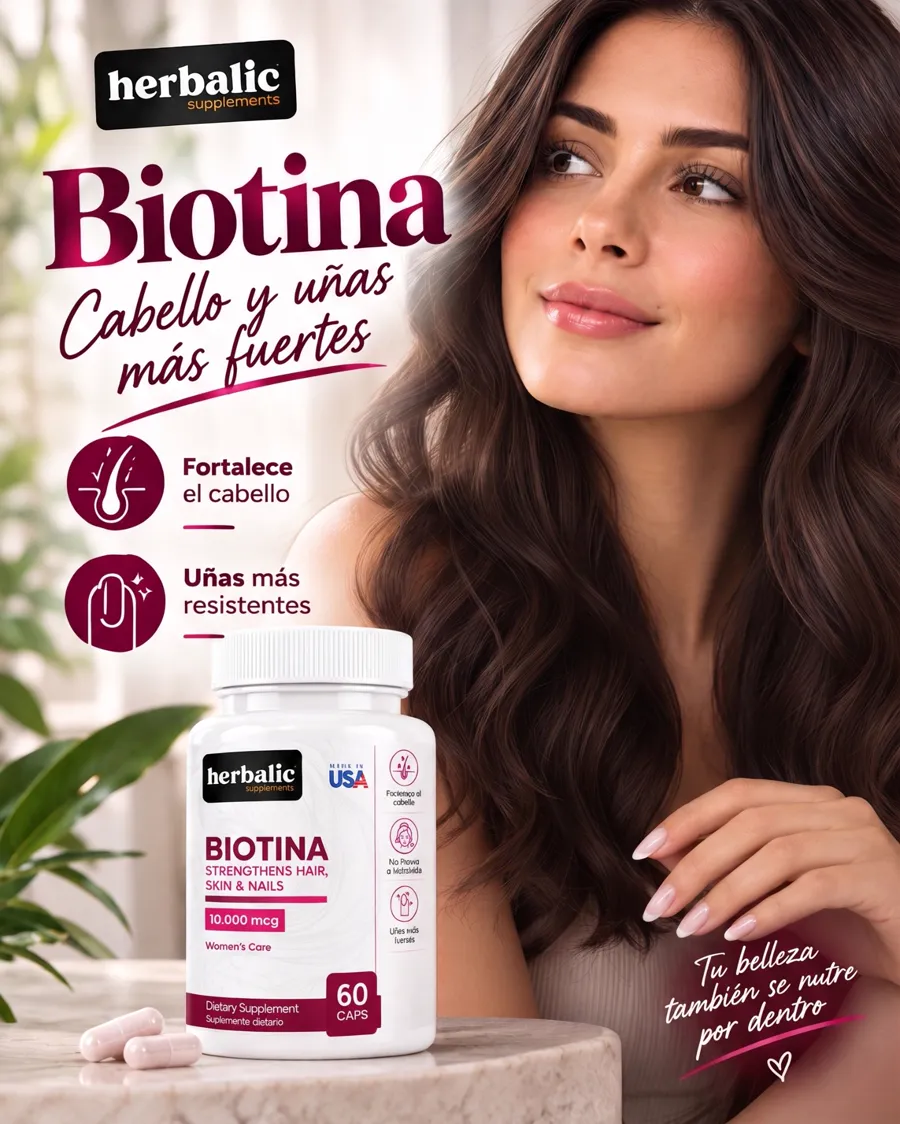 Biotina Herbalic de 10.000 mcg, 60 cápsulas, para cabello y uñas más fuertes